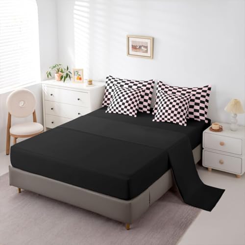 Image of Erosebridal Plaid King Comforter Set with Sheets 7 Piece Pink Black Checkerboard Bed in A Bag Geometric Checkered Bedding Sets for Kids Adults,Aesthetic Grids Bed Set