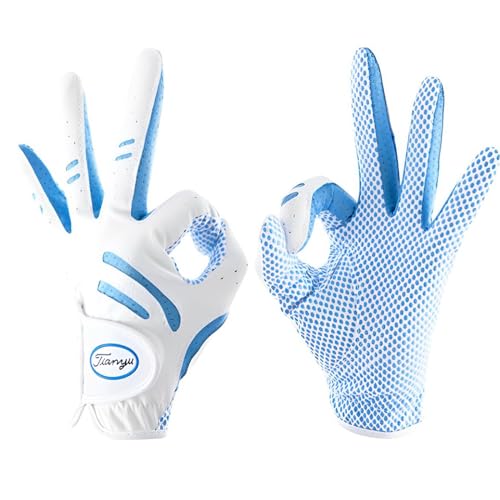 Golf Gloves Kids A Pair Youth Golf Glove Left and Right Hand Golf Glove Junior Golf Glove Boys Girls Leather Fabric Breathable Golf Accessories for Kids Stable-Grip for Perfect Swing (Blue,M)