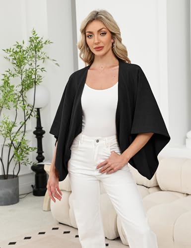 Bankeng Women's Linen Cardigan 3/4 Sleeve Open Front Loose Cover Ups Lightweight Shrug(Black,L)3