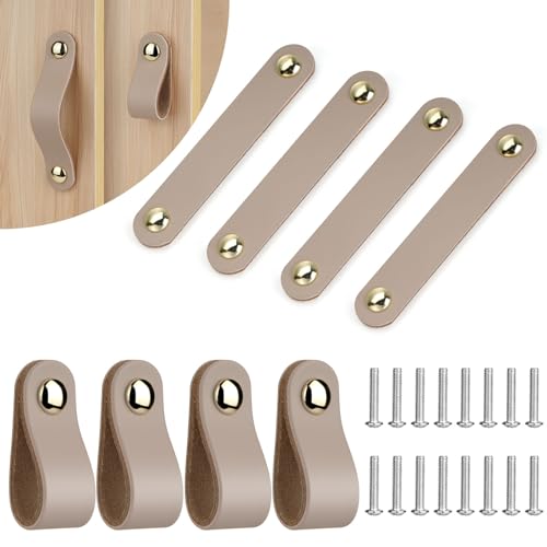 flintronic Tirador de Mango de Cuero, Perillas de Cuero para Gabinetes, 8 piezas Tiradores Cuero para cómodas, cajones, armarios de cocina o de baño, vintage, 5.43 * 0.98 Pulgadas (con 16 Tornillos)