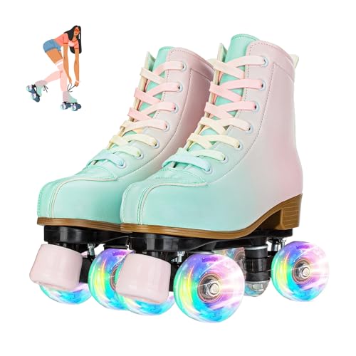 Buric High-Top Adjustable Roller Skates for Girls and Women - PU Leather, Light Up Wheels, Four-Wheel Beginner Skates for Indoor Outdoor Use (Green Pink, Size 36)