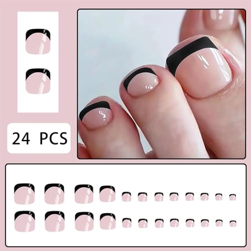 Black French Tip Press on Toenails - Glossy Acrylic Manicure
