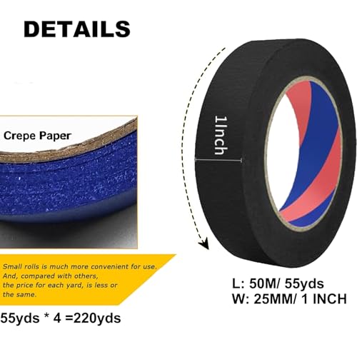 Image of Painters Tape, 1 inch x 55 Yards x 4 Rolls Black Painters Masking Tape for Indoor and Outdoor Use, Medium Adhesive Paint Tape for DIY Crafts, Arts, Painting, Easy Removal (Black)
