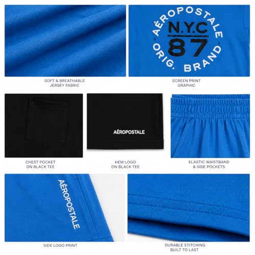 Image of AEROPOSTALE Boys Athletic Shorts Set 3 Piece Graphic T Shirts Fleece Shorts | Soft Breathable Jersey Tees, Elastic Waistband, Side Pockets, Screen-print Design, Durable Stitching for School & Play