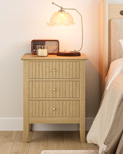Image of Fluted Nightstand, Farmhouse Night Stand with 3 Drawers, Mid Century Modern Side Accent Table,Bedside End Table for Bedroom, Living Room, Oak