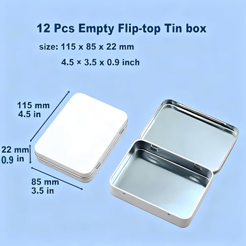 Image of Flip-Top Tin Rectangular Metal Tin Boxes with Hinged Lids, Empty Storage Containers in for Gift Cards, Crafts, Hardware & EDC Survival Kits (White, 12 Pcs 4.5 inch x 3.5 inch x 0.9 inch)