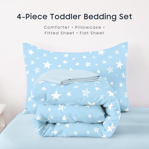 Image of Wake In Cloud - Toddler Bedding Set for Boys Girls, Cute Star Polka Dot, 4 Pieces Soft Crib Bed Set Including Comforter, Sheets and Pillowcase, Sky Blue