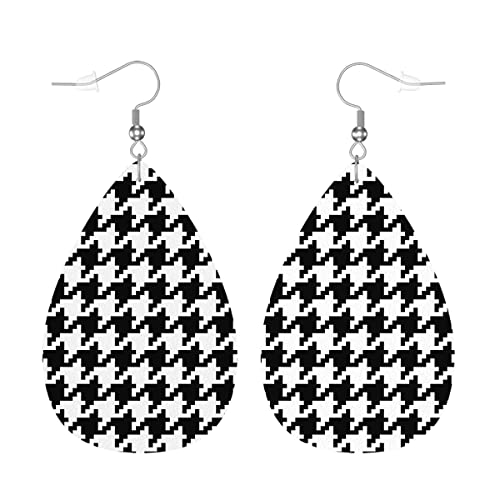 Zokola Houndstooth Pixel Pairs PU Leather Earrings, Black And White Checkered Pixel Earbob Earrings Teardrop Dangle Earrings For Women Friends Bridal Wedding - Main Image