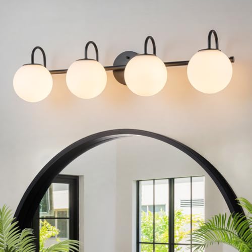 Image of Globe Vanity Light, 31 inch Modern Gold Bathroom Light Fixtures Mid-Century Milk Glass Vanity Light 4-Light Wall Sconce Black