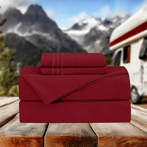 Image of Elegant Comfort Luxurious 1500 Premium Hotel Quality Microfiber Three Line Embroidered Softest 4-Piece Bed Sheet Set, Wrinkle and Fade Resistant, RV Short Queen, Burgundy