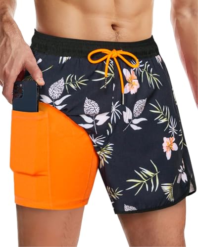 SURF CUZ Mens Swim Trunks with Compression Liner 5" Swimming Trunks 5 Inch Retro Swim Shorts with Zipper Pockets2