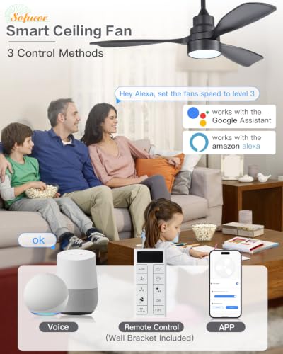 Image of Sofucor 48 Inch Smart Wood Ceiling Fans with Lights, Flush /Downrod Mount