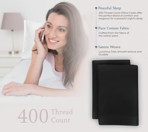 Image of Royale Linens 400 Thread Count 100% American Grown Cotton King Pillowcase Set - Luxury Sateen King Pillow case - 20 inchx40 inch Inch Soft & Smooth Set of 2 Black Pillowcases - (King, Night Black)