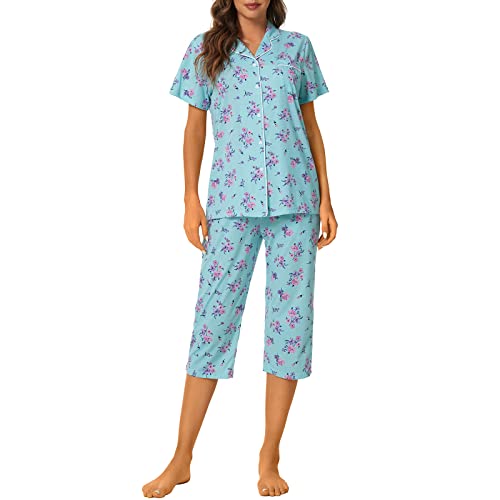 Image of Tugege Capri Pajamas Set Womens Button Down Short Sleeve Lounge Sets Sleepwear Notch Collar Top & Capri 2 Piece PJ Sets