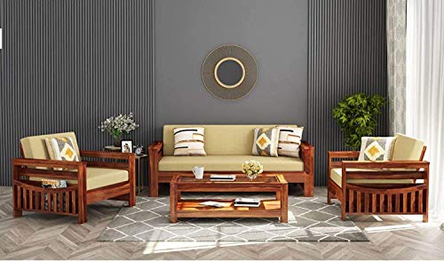 Image of Mamta Furniture Wooden Solid Sheesham Wood 5 Seater Sofa Set with Cushions (5 Seater Sofa | 3+1+1, Honey Finish 1, Brown)
