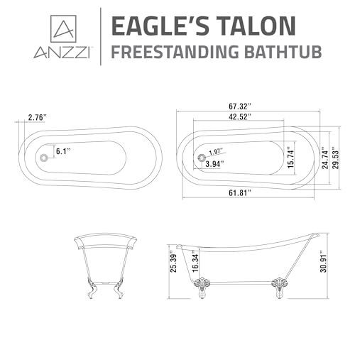 ANZZI 67.32” Diamante Slipper-Style Acrylic Claw Foot Tub in White