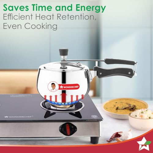 Image of Wonderchef Nigella Triply Stainless Steel Pressure Cooker 2L, Inner Lid, Gas, Induction Compatible & Ceramic Cooktop, ISI Certified, Contour Collection, Uniform Heating, 5-Year Warranty