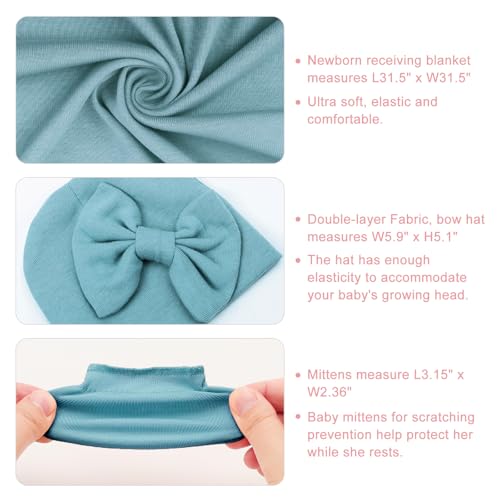 Image of AQOKKA Newborn Receiving Blanket with Bow Hat Mittens Wooden Card Set Newborns Toddler Baby Boy Girl Nursery Swaddle Wrap