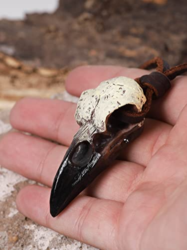 HAQUIL Raven Skull Necklace, Viking Gothic Witchy Bone Resin Raven Bird Skull Replica Pendant, Adjustable Leather Cord, Gothic Jewelry Gift4