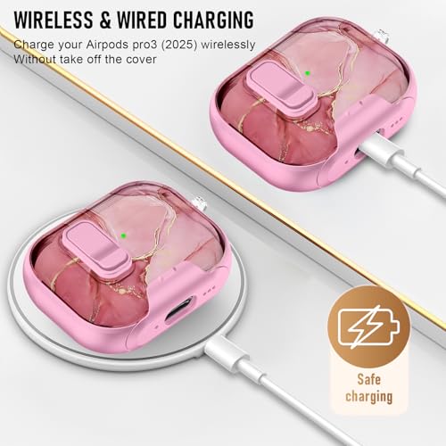 Image of Compatible Airpods Pro 3 Case (2025) with Phone Stand & Cleaner Kit,Print Soft Silicone Lock Clip Apple AirPods Pro 3rd Generation Case, Airpod Pro 3 Cover with Keychain for Women /Girls,Pink Marble