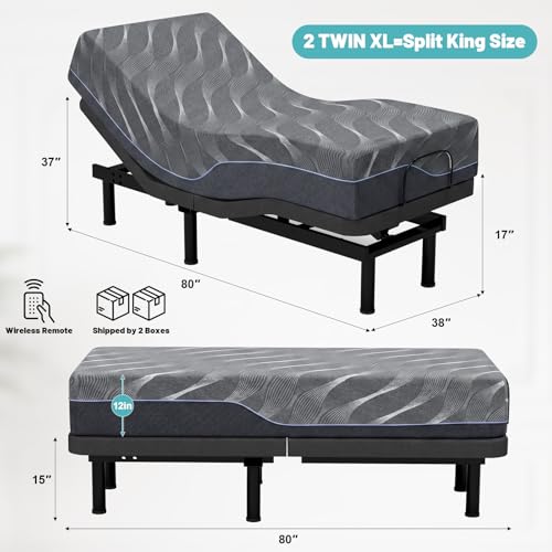 Image of Vipbear Premium Split King Adjustable Bed Frame with 12 inch Mattress, Zero Gravity, Wireless Remote & & Head-Foot Incline & Built-in USB Ports, Black