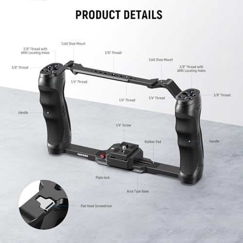 Image of NEEWER Video Camera Cage Rig with Arca Type Quick Release Plate, Double Handles, 3 /8 inch ARRI 1 /4 inch Threads, Cold Shoes, Universal Camera Stabilizer, Compatible with SmallRig NEEWER Base Plate, CA077