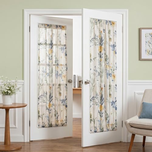 Image of MYSKY HOME Floral Linen Door Curtains Blue Farmhouse Semi Sheer 2 Panels