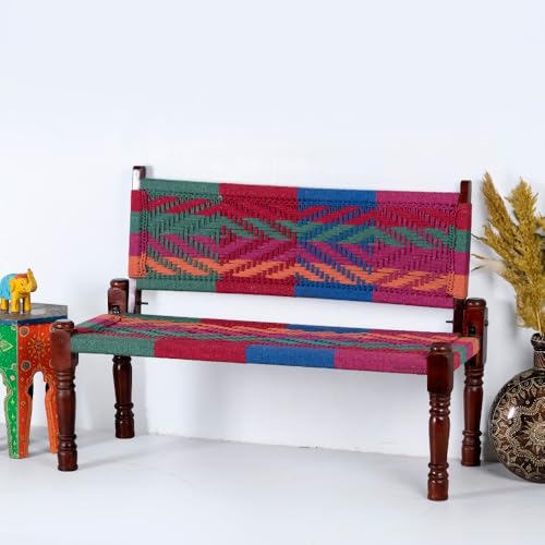 Image of Srima Wooden Bench for Living Room | Handcrafted Sheesham Wood Backrest Bench for Balcony & Garden | Traditional Rajasthani Patio for Outdoor with Cotton Handwoven Rope | Colorful 4