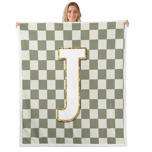 Image of Erosebridal Sage Green Checkered Sherpa Blanket Plaid Initial J Fuzzy Plush Throw Personalized Monogram Fleece Blanket for Kids Boys Girls,Fashion Grids Gingham Decor for Bed Couch Queen 90 inchx90 inch
