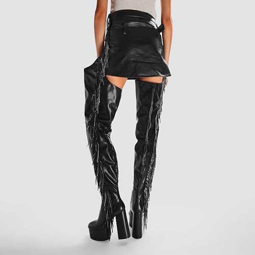 DETOGNI Women's Belted Over The Knee Platform Long Boots Fringes Silver Shine Studs Block Heels Thigh High Boots4