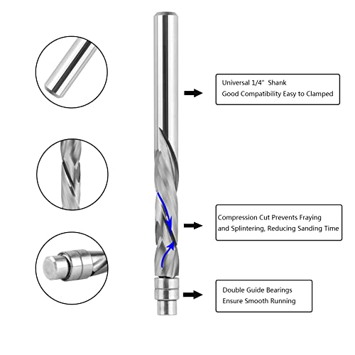 Spetool 5Pcs Spiral Flush Trim Router Bits With Guide Bearing 1/4 Shank,1-1/8" Cutting Diameter Extra Long 3" Ovl,Carbide Compression Router Bit For Wood Trimming #TOP2