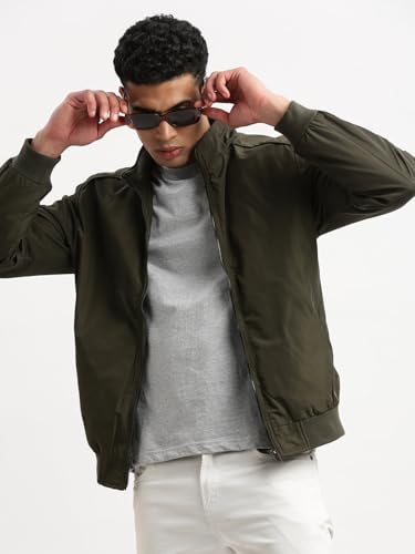 Image of SHOWOFFFF Men Solid Bomber Jacket | Mock Collar Full Sleeves Nylon Jacket for Mens | Slim Fit Regular Length Jacket for Men's
