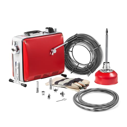 VEVOR Elektrische Rohrreinigungsmaschine, 390 W, 1400 U/min, Abflussreiniger, 12 m x 16 mm & 8 m x 9,5 mm Federkabel, 4,5 m x 16 mm flexible Feder, 6 Schneider, für Rohre mit 50–110 mm Durchmesser