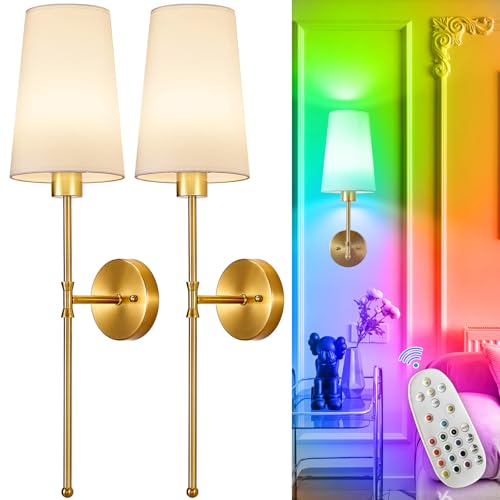 Image of Depuley Battery Operated Wall Sconce: 27 inch Set of 2 Wireless Wall Lights with Remote for Bedroom - Rechargeable 15 Colors Gold Wall Lamp for Living Room Hallway Decor