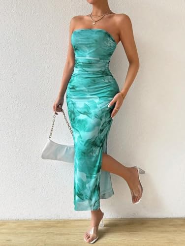 Image of Women's Mesh Floral Strapless Bodycon Maxi Dress Ruched Long Tube Dresses Summe Sexy Party Club Dress Y2K Dresses