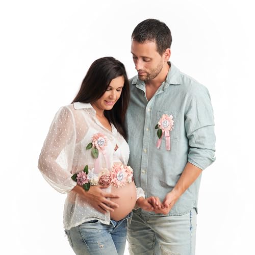 Image of Baby Shower Maternity Sash Belly Belt-Pink Flower Sash Set Mom to Be & Dad to Be Corsage Pins for Gender Reveal