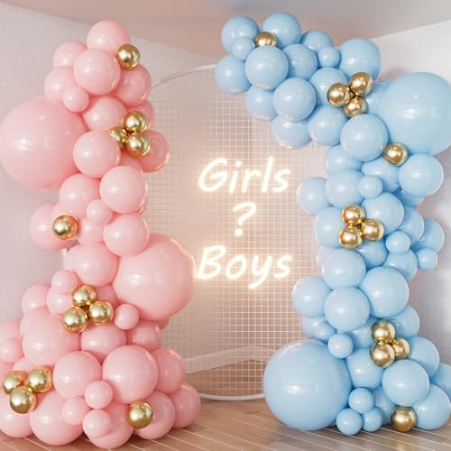 Adeyoo Gender Reveal Balloon Arch Garland Kit - Pink and Blue Balloon Arch Kit Pastel Pink Blue Balloons Metallic Gold Latex Balloons for Baby Gender Reveal Boy or Girl Baby Shower Party Decorations