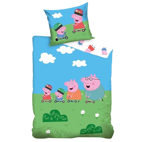 Peppa Pig Kinderbettwäsche-Set | Einzelbett-Bettbezug 140x200 cm mit Kissenbezug 50x70 cm 100% Baumwolle | Peppa Pig Farbenfrohes Bettwäsche-Set für Kinderbetten