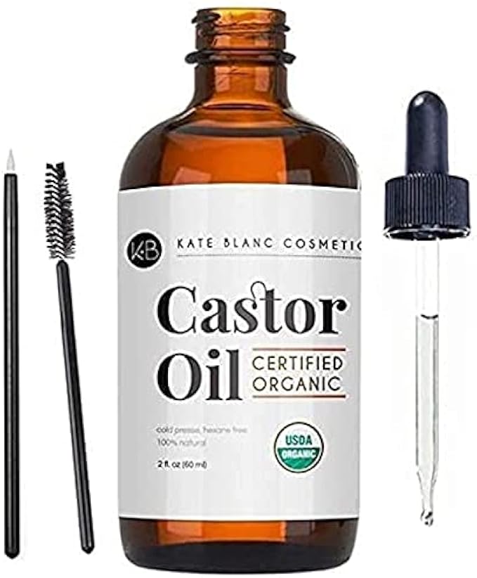 Kate Blanc Cosmetics Castor Oil (2oz), USDA Certified Organic, 100% Pure, Cold Pressed, Hexane Free Stimulate Growth for Eyelashes, Eyebrows, Hair. Skin Moisturizer & Hair Treatment Starter Kit