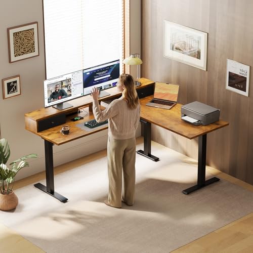 Image of Casaottima 59 Inch Electric L-Shaped Standing Desk with Drawers, Height Adjustable Stand Up Corner Desk with Monitor Stand, Lift Table for Home, Office, Workstation, Rustic Brown