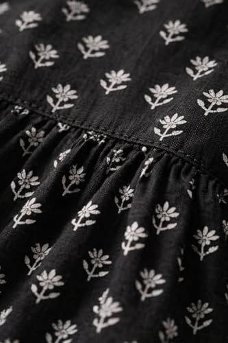 Image of Women's Rayon Black Floral Block Print Kurti, Scallop Neckline, Full Sleeves, Gathered Fit