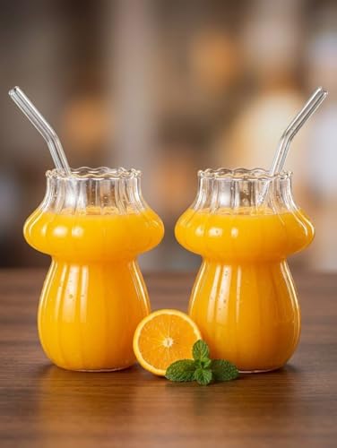 Image of Mushroom Shaped Glass Tumbler with Straw, Ribbed Glass for Juices, Milkshakes, Cold Coffee, Smoothie etc and Other Beverages Pack of 2