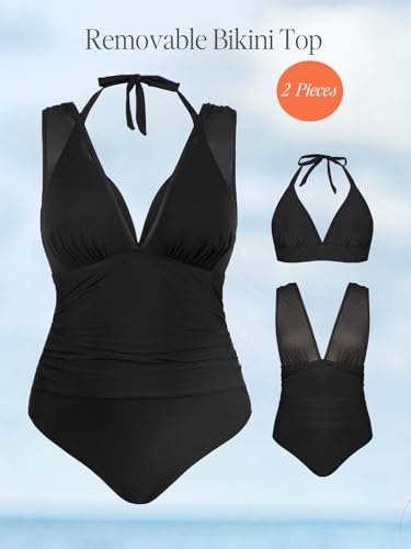 CUPSHE Plus Size Swimsuits for Women One Piece Bathing Suit with Removable Bikini Top Mesh Halter Tummy Control 2 Pieces2