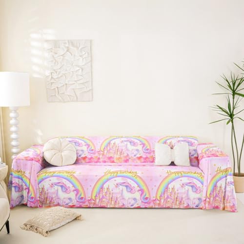 Homewish Funda de sofá con texto en inglés 'Happy Birthday', protector de sofá con diseño de unicornio, colorido arco iris, estrellas florales, 180 x 231 pulgadas