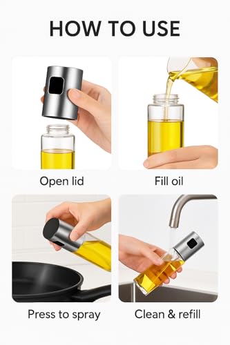 Image of Oil Sprayer for Cooking, Olive Oil Sprayer Bottle for Kitchen, BBQ, Air Fryer & Salad - Fine Mist Glass Spray Dispenser for Oil & Vinegar - Refillable Stainless Steel Top (Oil-Bottle-01)