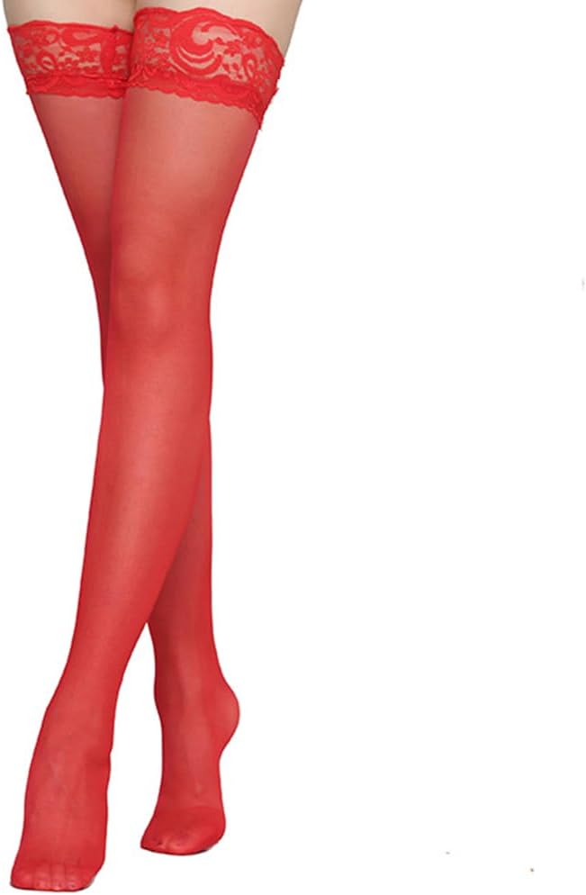 Thigh High Stockings Lace Top, Women's Semi Sheer Sexy Stay Up Halloween Lingerie Thigh High Stockings