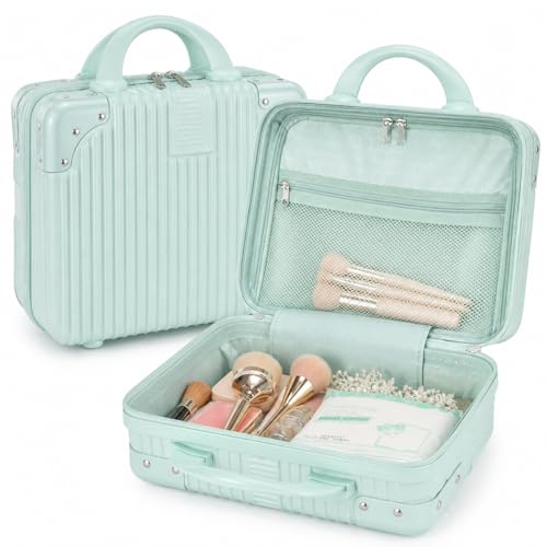 Image of Hard Shell Makeup Vanity Case for Women, TSA Lock Travel Cosmetic Organizer Box with Handle, Portable Makeup Storage Case for Cosmetics, Jewelry & Toiletries, (Pista)