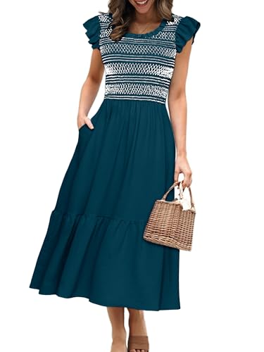 Image of Simplee Womens Summer Midi Dress Casual Boho Smocked Waist Flutter Sleeve A Line Flowy Tiered Dress with Pockets