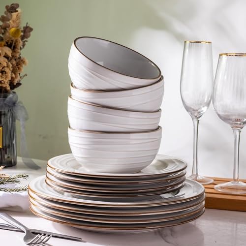 Image of GBHOME Ceramic Dinnerware Sets, 24 pcs Embossed Elegant Stoneware Plates and Bowls Sets, Housewarming Wedding Gift | Dishwasher & Microwave Safe | Dishes Set Service for 8