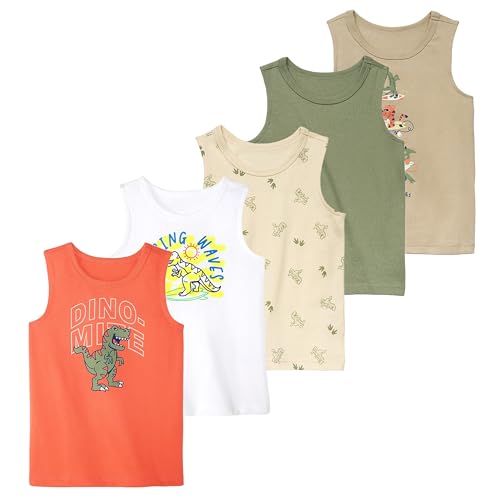 Garanimals Baby Boy Dino Tank Top - Kids Sleeveless Muscle Tank - Size 18 Months - Beige Dark Green Orange White - 5 Pack Set